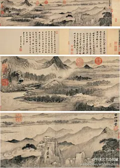 #水墨山水#【 元 方从义 《云林锺秀》】纸本，23.5×105cm，1377年作。方从义(约1302—1393)，诗人，道士书画家。此图画苍茫之云山雾海，山峰高耸，山腰飘着一带浓云，朦胧一片，山下坡岸杂树茂密，还有一片暗淡树影，在一股白云飘带中时隐时现，更突出了苍茫云气之动感。意境清谧静逸，用笔潇洒豪放。



