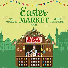 复活节市集海报、木摊装饰鲜花、复活节彩蛋。假日城春交会广场，欧洲建筑背景。矢量图