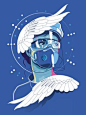 This may contain: a man with wings on his face wearing a gas mask and goggles against a blue background