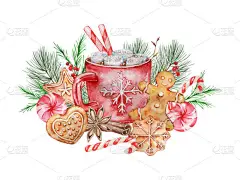 水彩画圣诞插图与可可和饼干。手绘可可杯、棉花糖、姜饼和肉桂棒，白色背景隔离。假日贺卡.