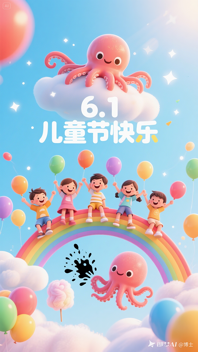 六一儿童节主题插画海报,浅蓝色天空背景渐