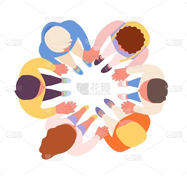多元化的社区。圆团队，社会拥抱或开始新的项目。朋友们站成一圈，手牵手，被孤立的人类团结彻底矢量现场