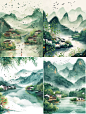 Spring scenery illustration with green mountains and water in the background, swallows flying above small houses on the shore of a flowing river, green willow trees, traditional Chinese ink painting style,rainy, colorful cartoon characters, colorful ink d