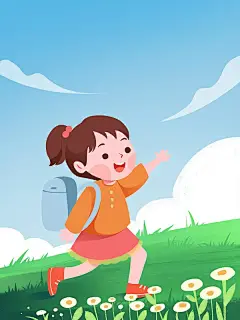 草地上追逐的儿童户外风景儿童节开学季扁平风插画图片下载