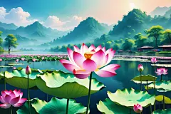 莲叶湖面花瓣鲜艳荷花荷叶插画图片