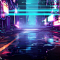 电玩风格赛博朋克的背景图，加一些霓虹灯，加入一些城市背景，地面有水滩和道路