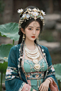  Detailed high, high precision, high quality, the UHD, 16 k, rich details, abundant element, shows that a girl, beautiful, lotus, lotus leaf, (big breasts:1.89), pearlygates, traditional clothing, clothing patterns, miao clothing headwear, Face Score, MAJ