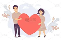 一对手拿着一颗心的夫妇。快乐的青年男女捧着一颗大大的红心。矢量插图的爱，关系，家庭概念，坠入爱河和浪