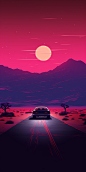 General 1536x3072 AI art illustration sports car synthwave retrowave neon desert mountains portrait display digital art Sun road rear view car vehicle
