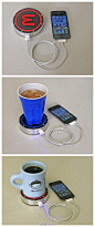 [【产品设计】神奇充电杯垫，放上热饮或者冷饮就能发电] 来自Epiphany Labs公司的创意，热饮冷饮充电杯垫。设计师介绍说，需要的时候，将热饮放在红色一面，或者将冷饮放在蓝色一面，它就能利用温度的魔法产生出电力来，然后通过自带的USB线输出，给手机或者平板电脑充电。