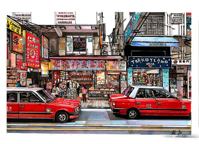手绘街景，马克笔，水彩，香港回归， 工业...