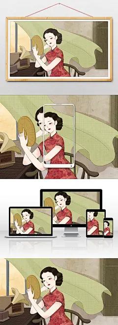 复古民国风旗袍女子古典插画