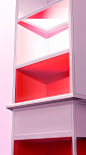 A stand featuring a red light and shelf, in the style of angular abstraction, 8k resolution, washington color school, glazed surfaces, light white and light magenta, distinct framing, screen format