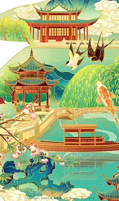 【西湖十景】杭州主题国风插画 - 简爱手绘 - 原创作品 - 视觉中国(shijueME)