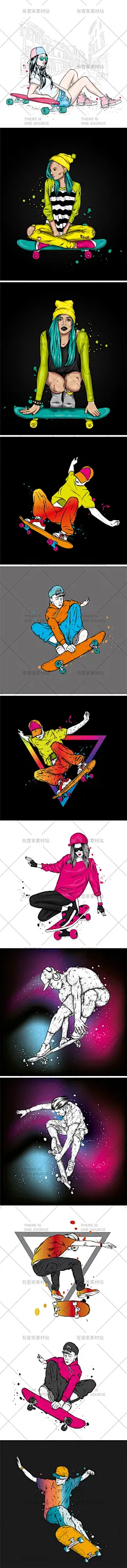 时尚个性手绘滑板爱好者滑板滑轮运动男女人物插画AI矢量设计素材-淘宝网