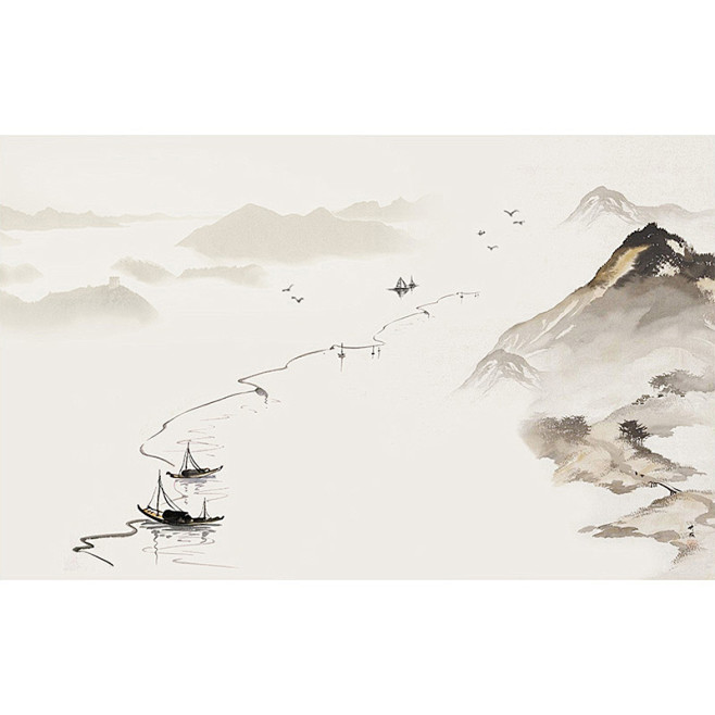 中式山水定制壁画客厅电视背景墙壁纸无缝墙...