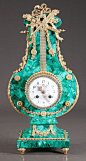 beautyandtheharpsichord: “ beautyandtheharpsichord Louis XV lyre shape malachite mantle clock with bronze ormolu mounts, c.1890 ”@北坤人素材