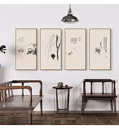 现代新中式客厅书房三联装饰画名家禅意水墨国画梅兰竹菊餐厅挂画-淘宝网
