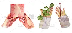设人手握空白名片或礼品盒，自然绿叶，画笔，铅笔。文字、图片复制空间