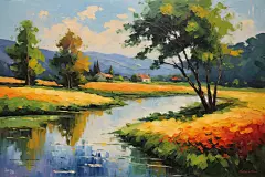 田园植物风景油画图片插画