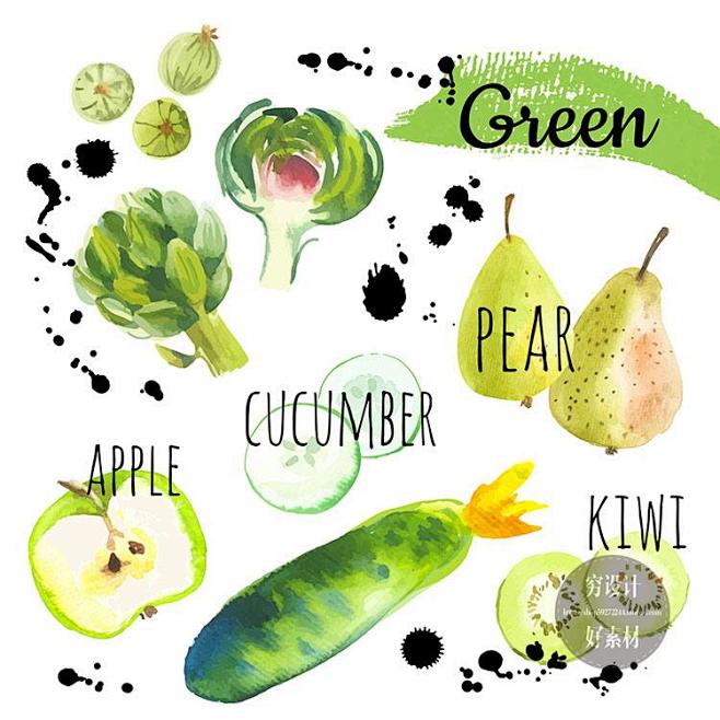 水彩手绘有机绿色食品水果蔬菜海鲜海报模板...