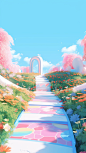 a colorful garden with a garden path and colorful flowers, in the style of distorted perspectives, exaggerated forms, light sky-blue and light pink, 32k uhd, minimalist sets, duckcore, playfully conceptual, tumblewave