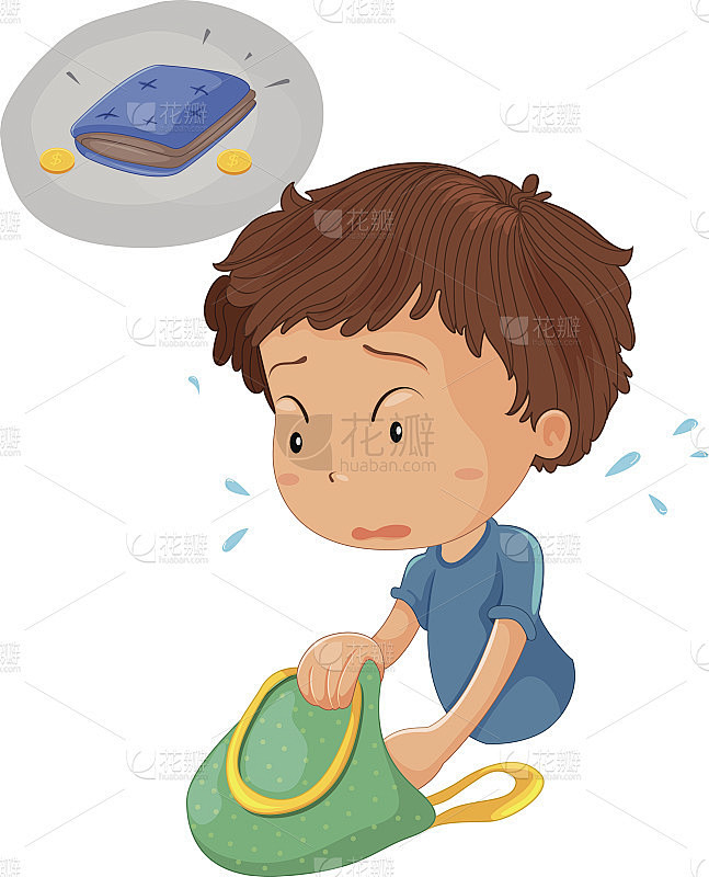 男孩在找钱包和硬币