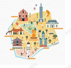 手绘矢量旅游台湾景点地图台北101海报背景