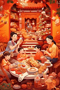 新年主题龙年除夕夜年夜饭插画