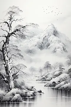 AI数字艺术国风水墨大雪小雪雪景插画-众图网
