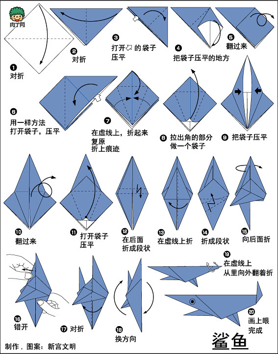儿童动物折纸图解 纸折可爱小鲨鱼DIY图...
