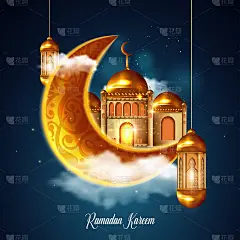 斋月卡里姆美丽的贺卡与阿拉伯书法意味着斋月卡里姆。伊斯兰背景的清真寺也适合开斋节穆巴拉克。矢量图