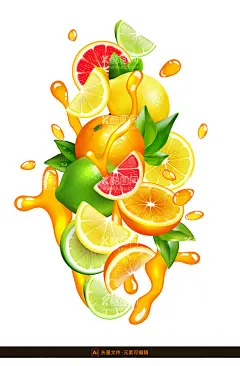 缤纷水果矢量插画  - 源文件下载【酷图网】水果,果汁,缤纷水果,水果堆,动感水果,切水果,柠檬,橙子,西柚,果汁海报,水果海报,果粒