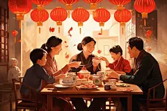 复古室内年夜饭春节新年人物油画图片