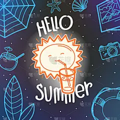 你好夏季向量概念。可爱的太阳手绘夏日元素