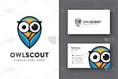 放大镜猫头鹰标志图标矢量和名片模板