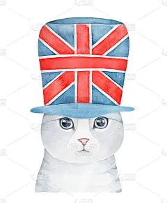 水彩画可爱的英国猫戴着巨大的圆柱形帽子与国家英国式图案。手绘水彩图形绘制，剪纸剪辑艺术元素的设计，海