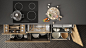 Modern kitchen top view, opened drawers and stove with cooking pan, minimalist interior design