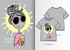 矢量手绘T恤插画卡通可爱时尚女孩独角兽服装印花人物AI设计素材