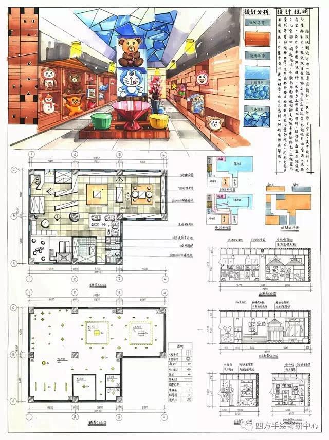四方手绘环艺室内设计快题学员作品