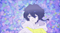 This may contain: an anime character with black hair and blue eyes, standing in front of colorful tiles