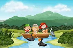 自然,儿女,童子军协会,天鹅,船,植物,河流,夏天,女孩,露营