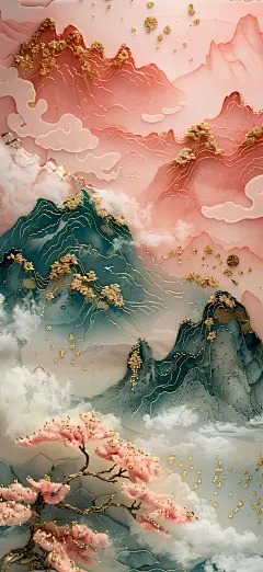 绝美国风 粉色山峦云海壁纸