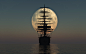 海洋 满月 月亮 帆船 驶向月亮的船