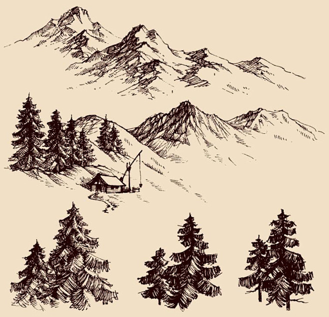 景观手绘手绘山水树木美术速写树木山水房屋...