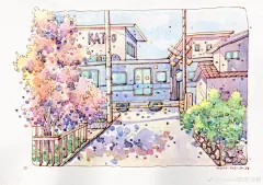 一组钢笔淡彩手绘过程图，靠近光 跟随光 成为光 散发光 ​
作者：momo钢笔淡彩 ​ ​​​​