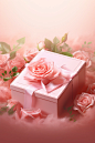 An empty pink gift box surrounded on roses, in the style of realistic landscapes with soft, tonal colors, editorial illustrations, resin, subtle gradients