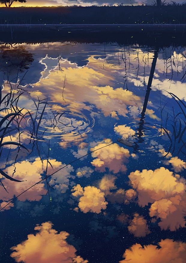 日落黄昏后的夕阳唯美二次元场景插画图片