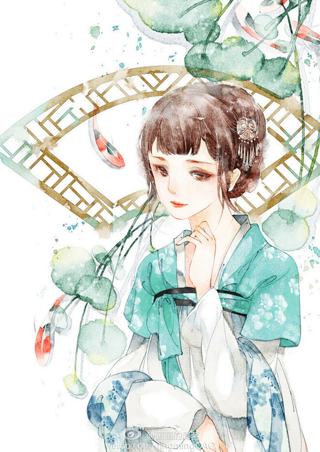 原创 清新 水彩 少女 古风 插画 【画...