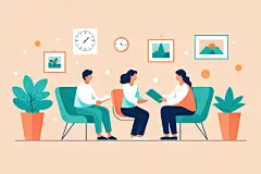 桌椅绿植心理咨询治疗人物场景插画